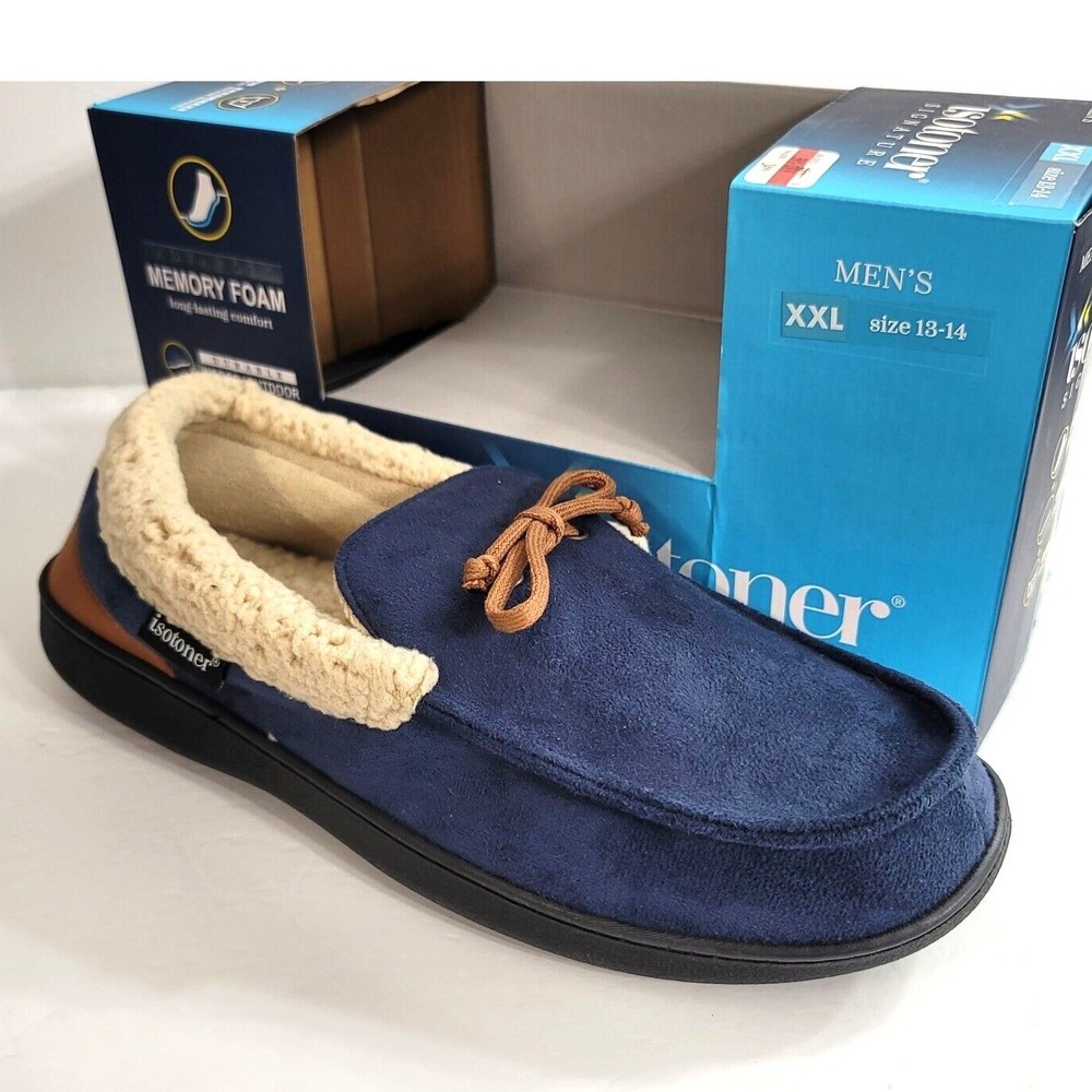Isotoner Moccasin Slippers Mens 2XL 13-14 Navy Faux Suede‎ Memory Foam NEW